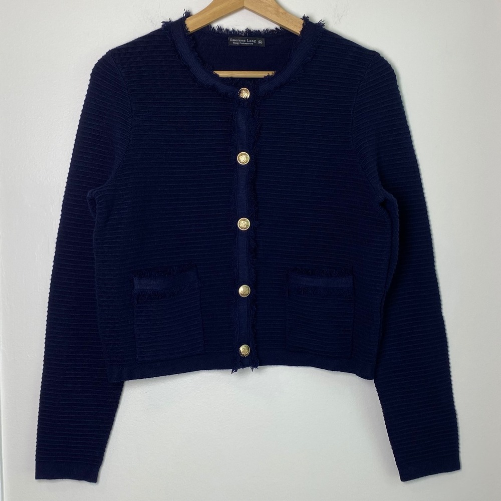 Emerson Lang Cardigan Sweater Women Medium Navy Blue Fringed Gold Button Preppy